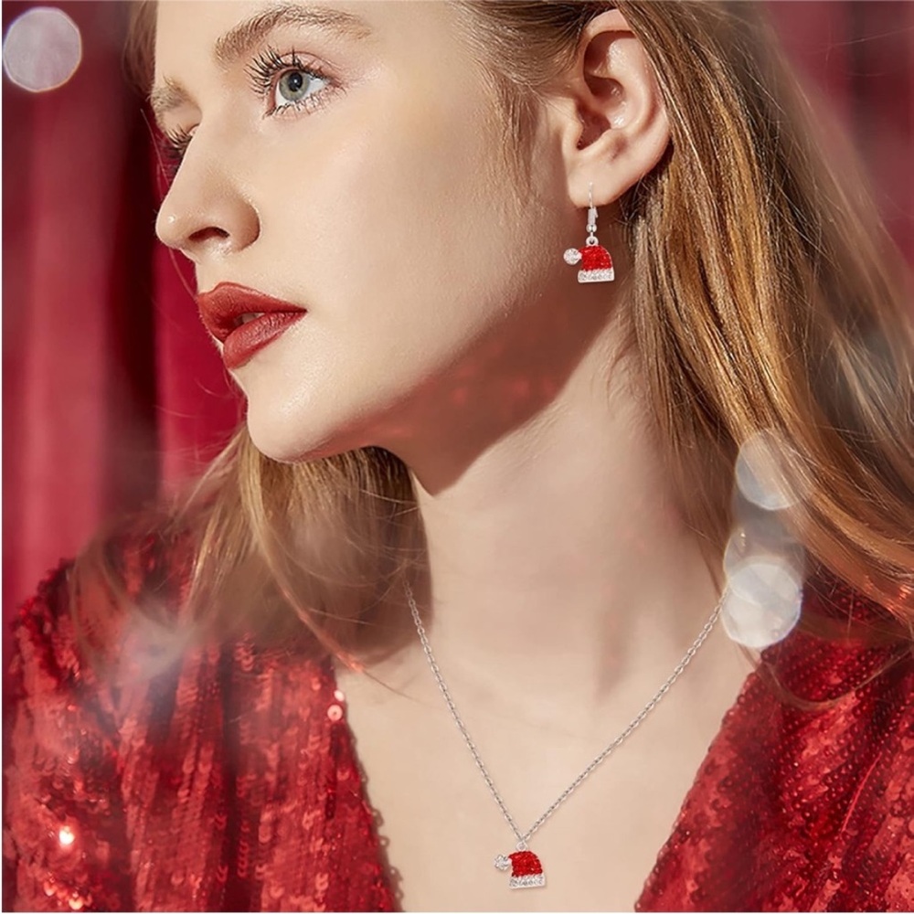 Festive Red and Silver Santa Hat Jewelry Set
